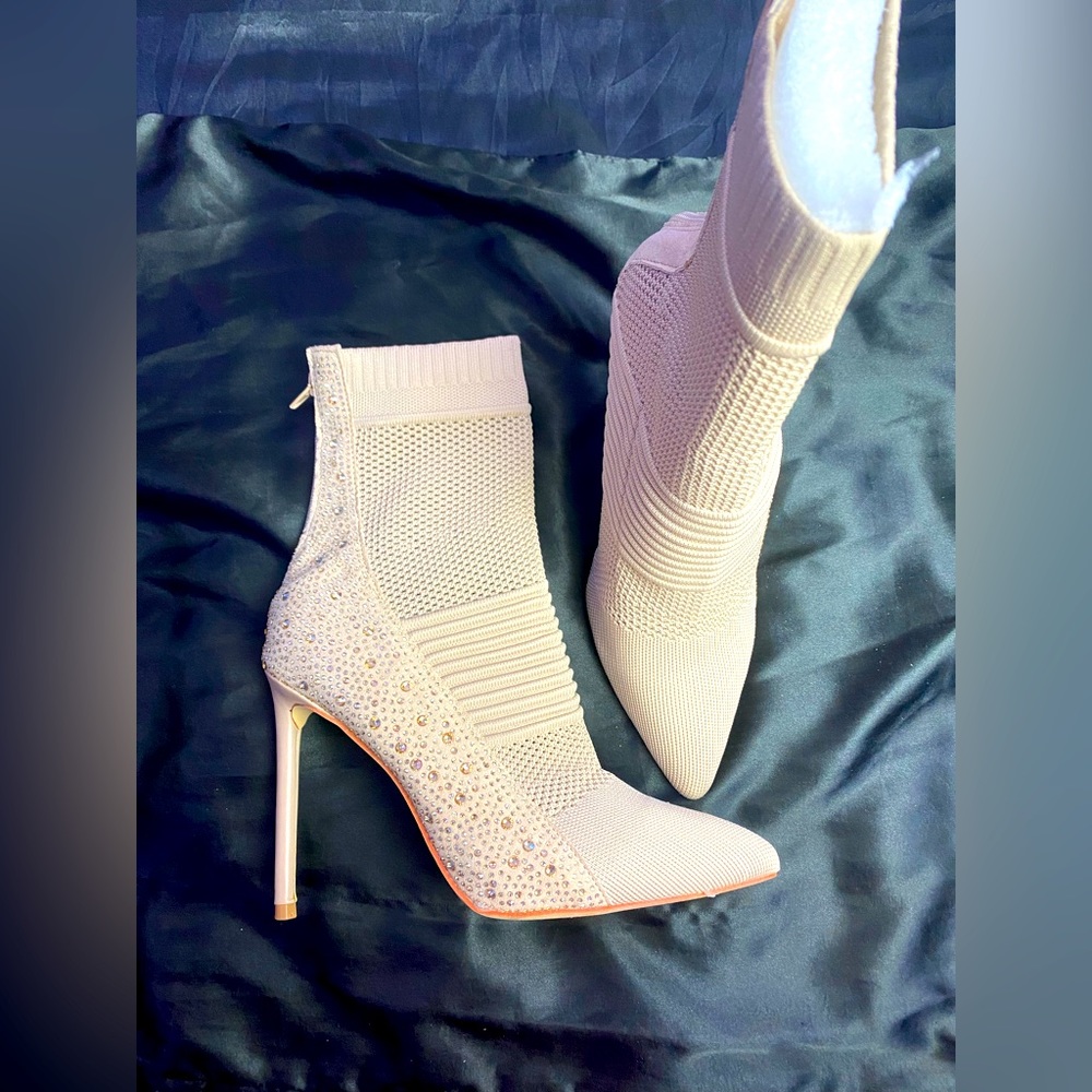 Cream/Beige Rouge heeled boots with cream rhinestones